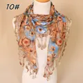 Detail of floral lace scarf featuring intricate gold crochet edges and dangling tassels - 138x40cm / Coffee (10#)