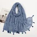Detailed view of indigo geometric diamond pattern linen scarf with tassel fringe edges - Indigo Blue and White Geometric Rhombus Style (XB969)