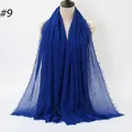 Deep blue crinkle cotton linen scarf with frayed edges displayed on a mannequin - 180x90cm / Dark Blue (9#)
