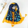 Ethnic floral cotton linen scarf with navy and yellow contrast and fringe tassels - 180*90CM / Navy Yellow Contrast Floral (XB526)