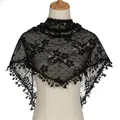 Detail view of black lace shawl with floral hollow embroidery and triangle tassels - 140*50cm / Black
