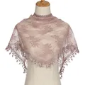 Elegant dusty pink floral lace triangle scarf with fringe tassels on beige mannequin - Nude Pink / 145*50CM