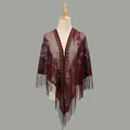 Detail of wine red lace shawl featuring intricate hollow embroidery and elegant fringes - Dark Wine Red