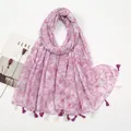 Chic floral cotton linen scarf with purple fringe tassel trim for women - Pink Purple White Alternating Floral Style (XB1009)