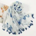 Floral flamingo print scarf with tassels made of breathable voile fabric for women - Blue White Flamingo Geometric Style (XS019-01)