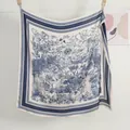 Toile style square silk scarf featuring blue floral landscape prints on white fabric - Black and White Jungle Landscape Style (FJ452-02)