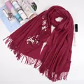 Elegant wine red cashmere-like scarf with plum blossom embroidery and long tassels - Burgundy