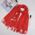 Elegant red cashmere-feel scarf with floral embroidery and tassel fringe edges - Red