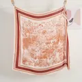 Ink floral landscape print square silk scarf with vibrant orange border and beige base - Orange Red Artistic Landscape Style (FJ452-04)