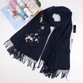 Elegant navy blue cashmere feel scarf with plum blossom embroidery and fringe - Navy Blue