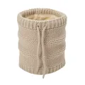 Detailed view of beige knit neck warmer with thick faux fur lining and drawstring - Fleece Lined Drawstring Cable Knit Style (WB095) / Beige