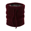 Close-up of burgundy knitted neck gaiter with thick grey fleece lining and drawstring - Fleece Lined Drawstring Cable Knit Style (WB095) / Burgundy