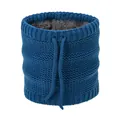 Detail of royal blue knitted neck warmer with thick grey fleece lining and drawstring - Fleece Lined Drawstring Cable Knit Style (WB095) / Denim Blue