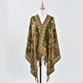 Macro detail of ethnic paisley patterns and embroidered fringe on dark green shawl - 176*70cm / Army Green