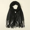 Detail of black bikini cover-up shawl with metallic glitter thread and long fringe trim - Black