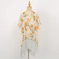 Detail of floral printed voile shawl with yellow chrysanthemum and blue floral hem - Yellow
