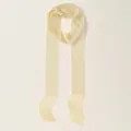 Close-up of champagne gold scarf featuring subtle shimmer fabric and delicate fringe detail - Beige
