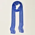 Close-up of bright blue scarf with metallic shimmering threads and long fringe details - Sapphire Blue