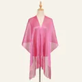 Close-up of rose pink shimmering knit shawl with long tassels and metallic finish - Rose Red