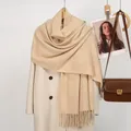 Detail of cream cashmere-feel scarf with grid texture and fringe on wool coat - 188x70cm / Khaki