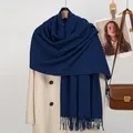 Detail of dark blue cashmere-like scarf showing soft texture and fine fringe on wool coat - 188x70cm / Navy Blue