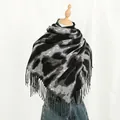 Detail of grey tie-dye thick cashmere-like scarf featuring decorative long tassels - Black Leopard