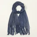 Navy blue shimmer shawl with silver metallic threads and delicate fringe trim - Navy Blue