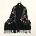 Detail of colorful floral embroidery on a soft black cashmere-feel pashmina shawl - 190x75cm / Black