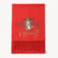 Detail eines roten Weihnachtsschals mit Rentier-Prints und weichen Fransentasseln - Cartoon Rentier Muster (RS144) / Rot