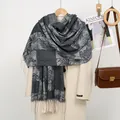 Macro detail of leaf pattern jacquard texture and beige tassels on cashmere-feel scarf - Botanical Leaf Jacquard / 185x70cm / YR351-01# Black