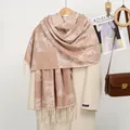 Detail of cashmere-like jacquard scarf with palm leaf pattern and tassel fringes - Botanical Leaf Jacquard / 185x70cm / YR351-04# Camel
