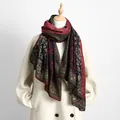Bohemian paisley cotton linen long scarf for women with vintage floral prints - Red