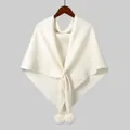 Detailed texture of beige knit shawl featuring pom-pom charms and crossover design - 190 x 73 / White