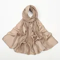 Detail of pleated texture and vertical stripes on a light brown cotton-linen feel shawl - 180x75cm / Khaki