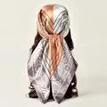 Satin square scarf with orange and purple paisley pattern worn as an elegant headscarf - 90*90cm / Khaki Purple Geometric (FJ1001-Khaki Purple)