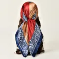 Red and navy paisley silk square scarf tied as a stylish headband for women - 90*90cm / Navy Border Patchwork (FJ1001-Navy)
