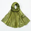 Detailed view of grass green shimmering scarf with fine vertical texture and rolled edges - Green