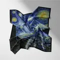 Detailed shot of silk scarf with Van Gogh Starry Night print and fine black stitched edges - 53cm / The Starry Night - Van Gogh