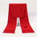 Vibrant red cashmere feel winter scarf with elegant fringe and minimalist logo patch - Basic Velour with Tassels and Black Label (YR309)