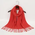 Winter red cashmere-feel scarf featuring stylish tassels and festive holiday pattern - Solid Red Thick Knit Tassel Style (YR098)