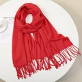 Soft red cashmere-feel scarf with elegant fringe trim for a festive winter look - Red Long Tassel Lifestyle Style (YR274)