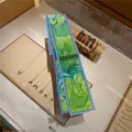 Artistic oil painting silk scarf with green swirls and blue borders for bag decoration - Picture Style 9