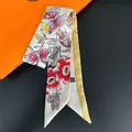 Elegante sciarpa twilly in seta di poliestere con motivi floreali e busta regalo arancione - Giallo