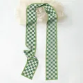 Detail of green and white checkerboard skinny scarf with heart patterns and silk texture - Green Heart Checkered Pattern / 130cm*7cm
