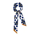 Close-up of vintage silk scarf with blue polka dots, black roses and orange border - Navy Polka Dot Rose