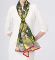 Écharpe en soie avec imprimé iris Van Gogh vert et bordure roulée rouge décorative - Fleur d'Oléandre