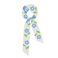 Elegant narrow twilly scarf featuring blue floral prints and re lettering on white fabric - Blue White Floral RE (5)