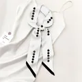 Silk neck scarf with black pearl print and contrast border on white satin top - Black White Pearl (Dark Green)