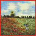 Detail of Monet Poppy Field oil painting print on premium square silk scarf fabric - Red Floral
