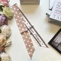 Dettaglio della sciarpa in seta a pois rosa champagne e twilly con stampa parigina - 100cmx6cm / Marrone